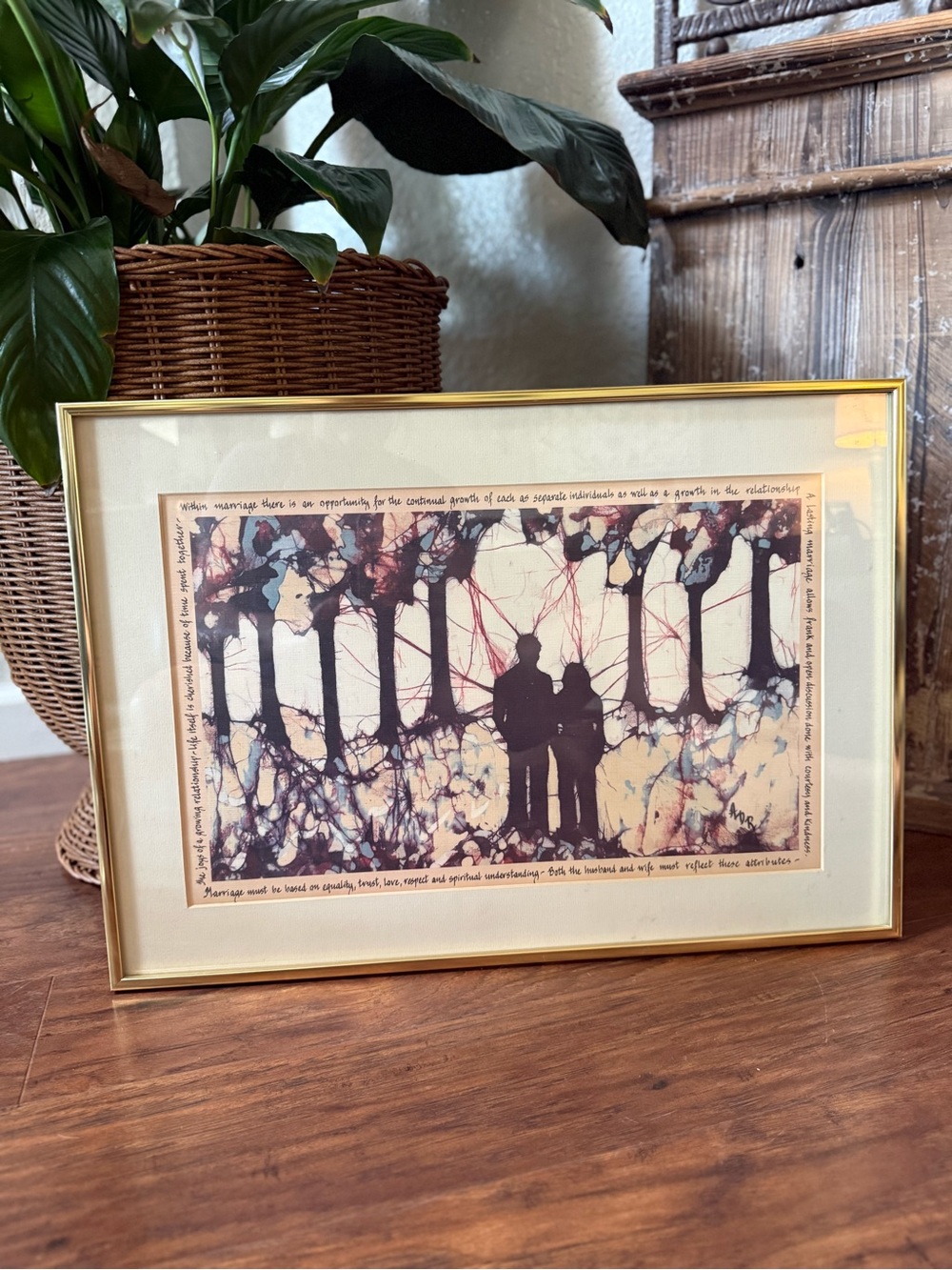 Vintage Mid Century Ann Dick Rundall Batik Textile Art Framed Marriage Vows MCM